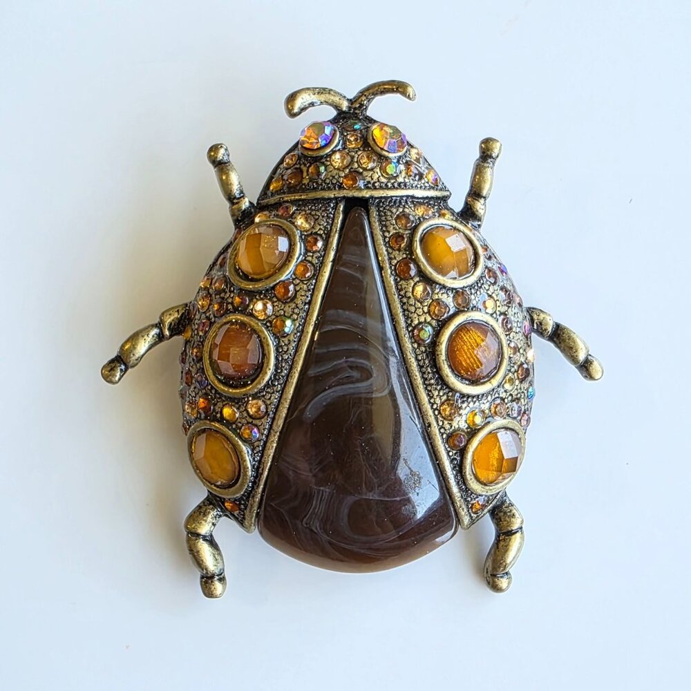 Ladybug Beetle Bug Brooch Brown Amber Aurora Rhinestone Vtg Insp Statement